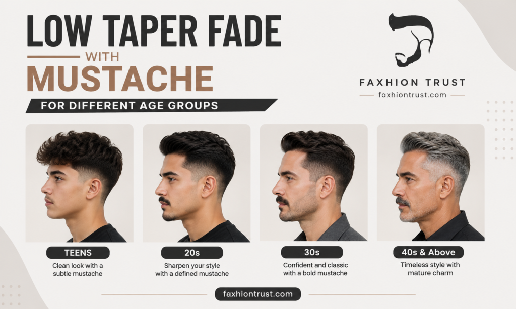 Low Taper Fade with Mustache for Different Age Groups