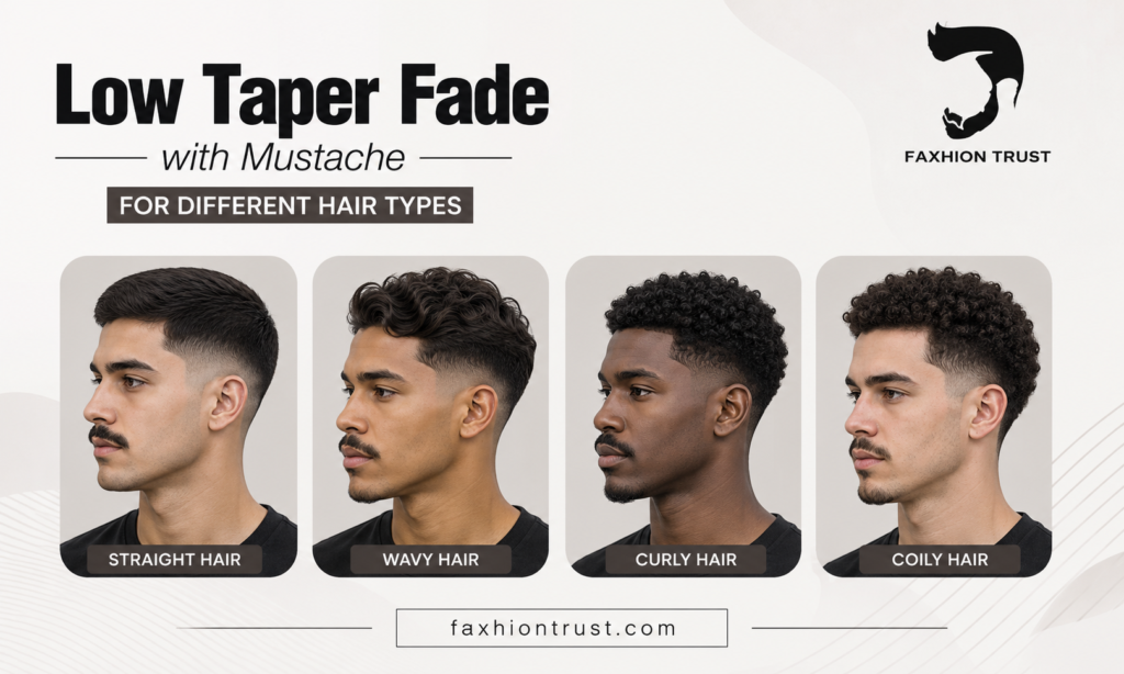 Low Taper Fade with Mustache for Different Hair Types
